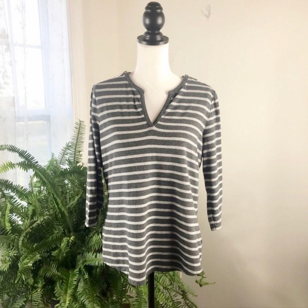 Michael Kors Striped V Neck 3/4 Sleeve Top With Working Shoulder Zippers Large